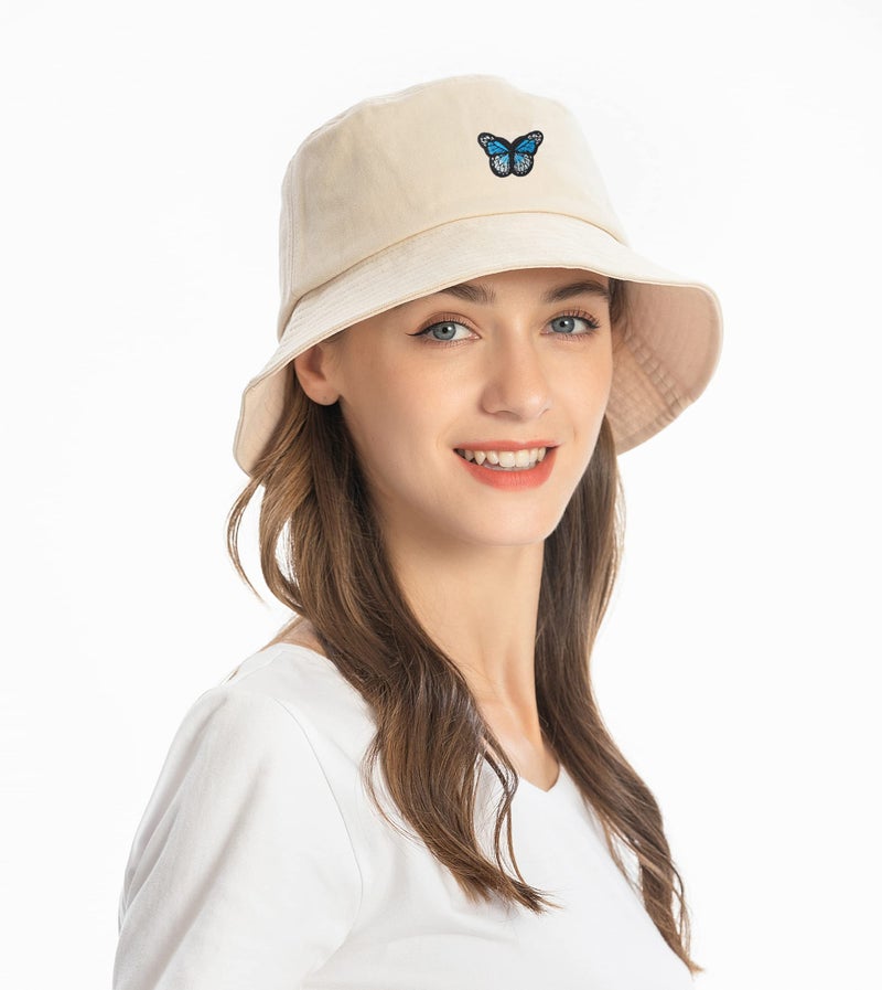ZLYC Unisex Fashion Embroidered Bucket Hat Summer Fisherman Cap for Men Women Teens (Butterfly Beige) - Image 2